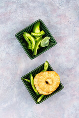 Sweet candied fruit, dried crystallized kiwis.