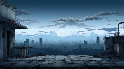 Post Apocalyptic Pixel Art Cityscape with Gray Ruins Under Cloudy Sky and Buildings in an Atmospheric Urban Landscape
