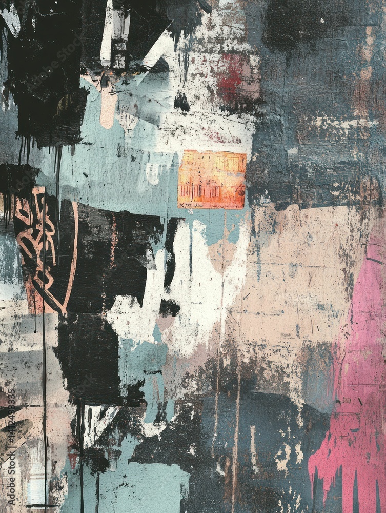 Poster abstract textural composition featuring layers of painted marks and deconstructed elements