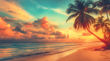 Tropical Beach Paradise: Sun-kissed palm trees gently sway in the warm ocean breeze as the setting sun paints the sky with fiery hues. A serene escape for ultimate relaxation.
