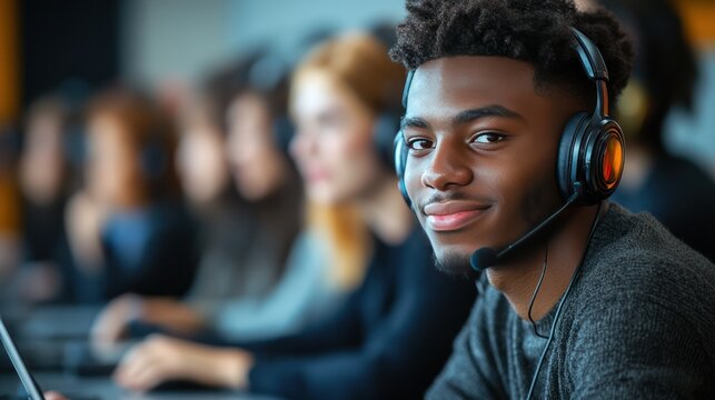 A group of diverse language students engaging in a lively conversation practice in a modern language lab, headphones on, microphones in front of them, collaborative learning environment.