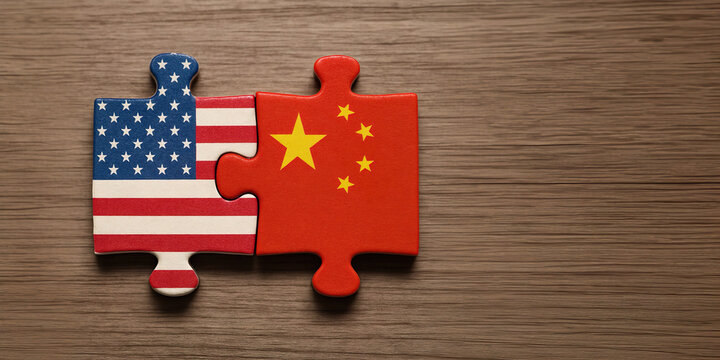 Puzzle pieces representing United States and China, symbolizing international relations and cooperation. American flag and Chinese flag are depicted, highlighting cultural connections