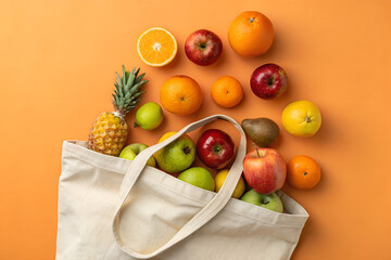 Fruits in cotton tote bag, minimalism, orange backdrop