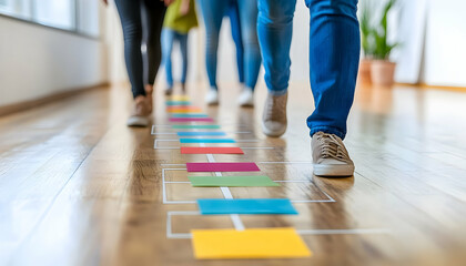 Fototapeta premium Group of people walking on a colorful hopscotch pattern in a bright indoor hallway with plants