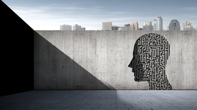 An abstract representation of mental health disorders exists as a labyrinth of paranoia, schizophrenia, and psychopathy