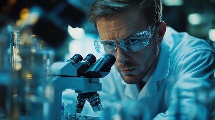 A focused chemistry scientist peering through a microscope in a research lab, complex lab equipment and glassware surrounding them, concentrated expression.