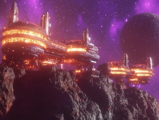 Extraterrestrial Cityscape: Futuristic, awe-inspiring panorama of an advanced city situated on a planet surface, illuminated with the warm glow of advanced technology.