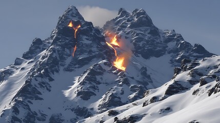 A dramatic mountain scene featuring volcanic activity amidst snow-covered peaks.