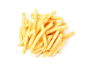 Many delicious French fries isolated on white, top view
