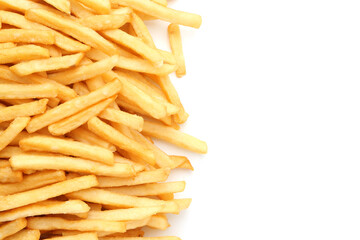 Pile of delicious French fries on white background, top view