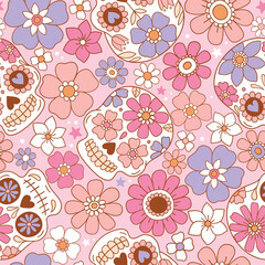 Seamless vector pattern with cute sugar skulls and vintage flowers. Hand drawn floral calavera background. Spooky Halloween skull drawing.  EPS 10 vector file. Perfect for textile or print design.