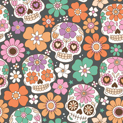 Seamless vector pattern with cute sugar skulls and vintage flowers. Hand drawn floral calavera background. Spooky Halloween skull drawing.  EPS 10 vector file. Perfect for textile or print design.
