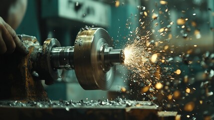 A factory mechanic using a lathe to shape metal parts, metal shavings flying, precision and craftsmanship, traditional machining process, workshop environment.