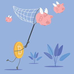 Freedom of finance, money without borders, accumulation of wealth, electronic money. Vector icons bitcoin, piggy bank, profitable investments, receiving interest on deposit, cryptocurrency