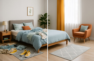 Cozy bedroom transformation with stylish decor, messy to tidy makeover. concept of interior design, home organization, relaxing spaces, Before and after cleaning
