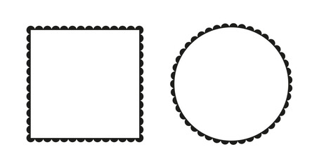Scalloped frame mockups. Scalloped edge square, circle shapes. Label forms. Silhouette lace minimal black frames. Abstract elements for tag, stickers, backdrops.