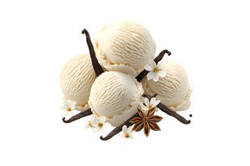 Creamy Vanilla Ice Cream Scoops with Vanilla Beans and Flowers