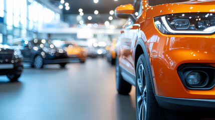 Showroom automobiles: The image is a stylish showroom displaying a diverse range of brand-new, modern cars in an elegant interior setting, with an emphasis on their sleek designs.