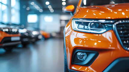 Automotive Brilliance: A close-up shot of a sleek, orange car takes center stage, set against a backdrop of other vehicles in a modern showroom, embodying innovation, design, and aspiration.