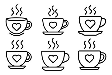 A set of line art teacup icons with heart shaped steam, symbolizing love and warmth