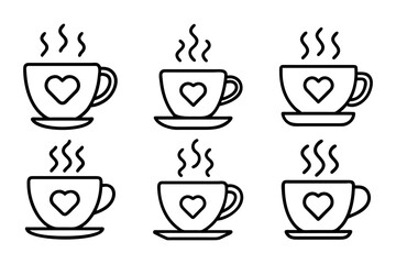 A set of line art teacup icons with heart shaped steam, symbolizing love and warmth