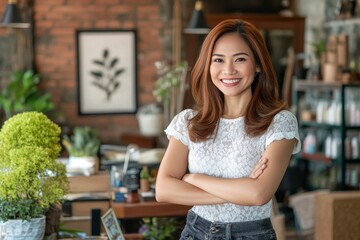 A business owner, an Asian woman with stylish hair, stands smiling in her salon, set against a backdrop of shampoo and hair shower facilities, embodying beauty, fashion, and personal care