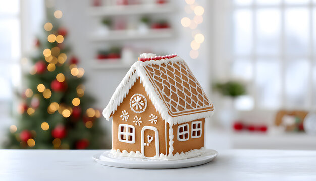 Gingerbread house decorated with icing and candy displayed in a cozy setting with Christmas tree lights, celebrating the holiday spirit during winter festivities