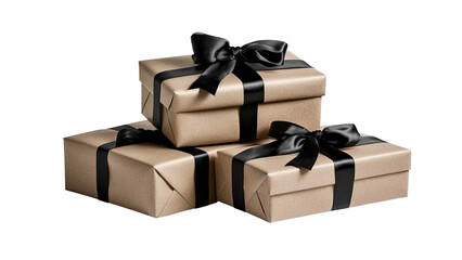 Png of Three elegantly wrapped gifts in brown paper with black ribbons, perfect for any celebration.