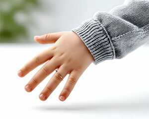 Small child's hand with a thin ring, fingers spread, wearing a grey sweater
