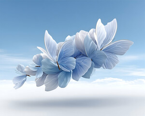 Soft blue butterflies fluttering against a serene sky