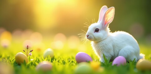 Fototapeta premium White bunny with pastel eggs in a sunlit flowery field , bunny, colorful