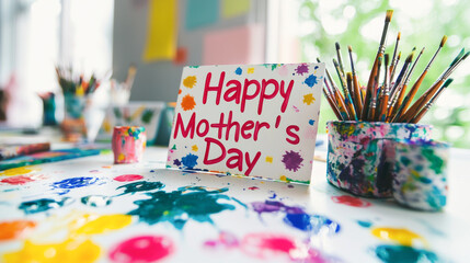 Bright workspace celebrating mothers day with childrens paints and art supplies. concept of creativity, family bonding, celebratory atmosphere, holiday crafting, Happy Mother's Day greeting card