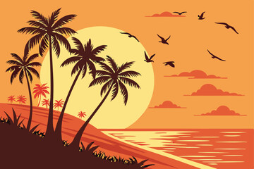 2 Tropical sunset, palm trees silhouette, vibrant orange sky, large golden sun, birds flying in formation, calm ocean reflection, dramatic sunbeams, warm color palette, digital art, high contrast, det