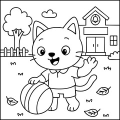 Dessin kawaii au trait de chat pour livre de coloriage pour adulte ou enfant. Trait noir totalement isol&eacute; du fond. Id&eacute;al pour conception a ajuster dans votre livre ou cahier. Encadr&eacute; transparent. 