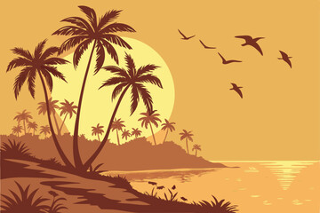2 Tropical sunset, palm trees silhouette, vibrant orange sky, large golden sun, birds flying in formation, calm ocean reflection, dramatic sunbeams, warm color palette, digital art, high contrast, det