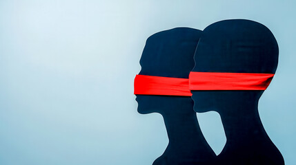 Silhouettes with red tape covering mouths symbolizing censorship