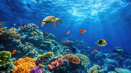 Fototapeta premium Underwater coral reef landscape with colorful fish and sea turtles in the deep blue ocean