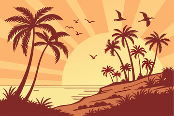2 Tropical sunset, palm trees silhouette, vibrant orange sky, large golden sun, birds flying in formation, calm ocean reflection, dramatic sunbeams, warm color palette, digital art, high contrast, det