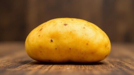 one young potato lies on a wooden table