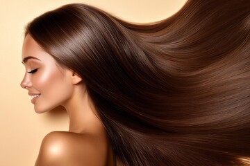 Naklejka premium Image of a youthful girl with luscious wavy locks and a dreamy expression, set against a beige backdrop with ample copyspace