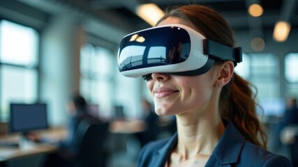 Businesswoman using virtual reality headset in modern office environment.