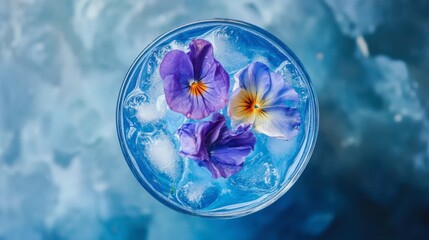 Vibrant Blue Drink with Edible Flowers on a Chilled Surface