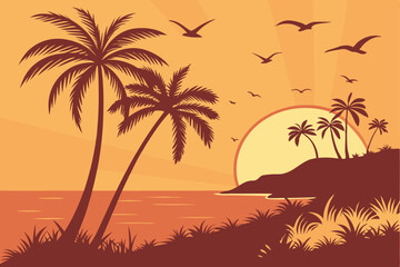 2 Tropical sunset, palm trees silhouette, vibrant orange sky, large golden sun, birds flying in formation, calm ocean reflection, dramatic sunbeams, warm color palette, digital art, high contrast, det © Md Ruhul Amin