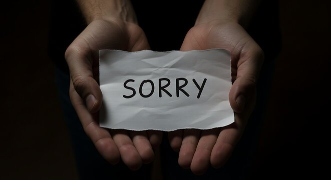 Hands Holding Paper Saying Sorry Offering Apology in Dark Lighting