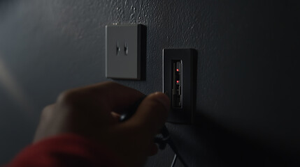 Electrician installing a new outlet in a living room. Featuring electrical work and home improvement
