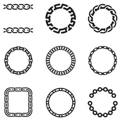 Cartoon metal different chain borders and frames. Isolated on white background. Vector Black silhouettes  icon set.