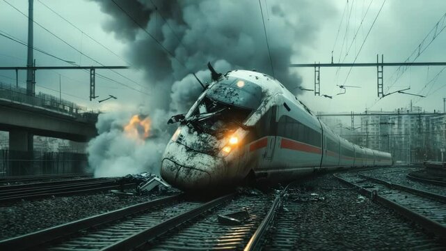 High-speed train derailing with a massive explosion flames, creating a dramatic scene of destruction, danger,chaos. Conceptual image symbolizing disaster, emergency,cinematic action.
