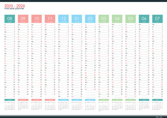 2025 2026 mid year wall planner. Academic year. Organizer, yearly planner template.