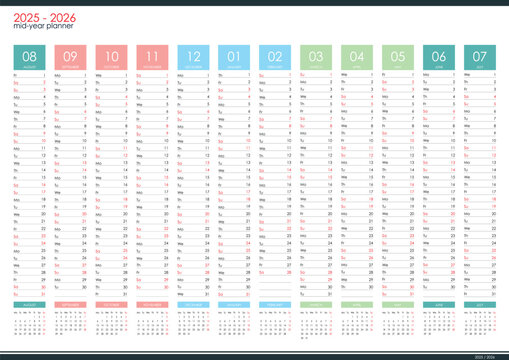 2025 2026 mid year wall planner. Academic year. Organizer, yearly planner template.