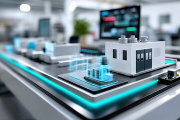Fototapeta premium A Smart factory model with holographic digital twin interface showcasing AI driven automation and real time monitoring